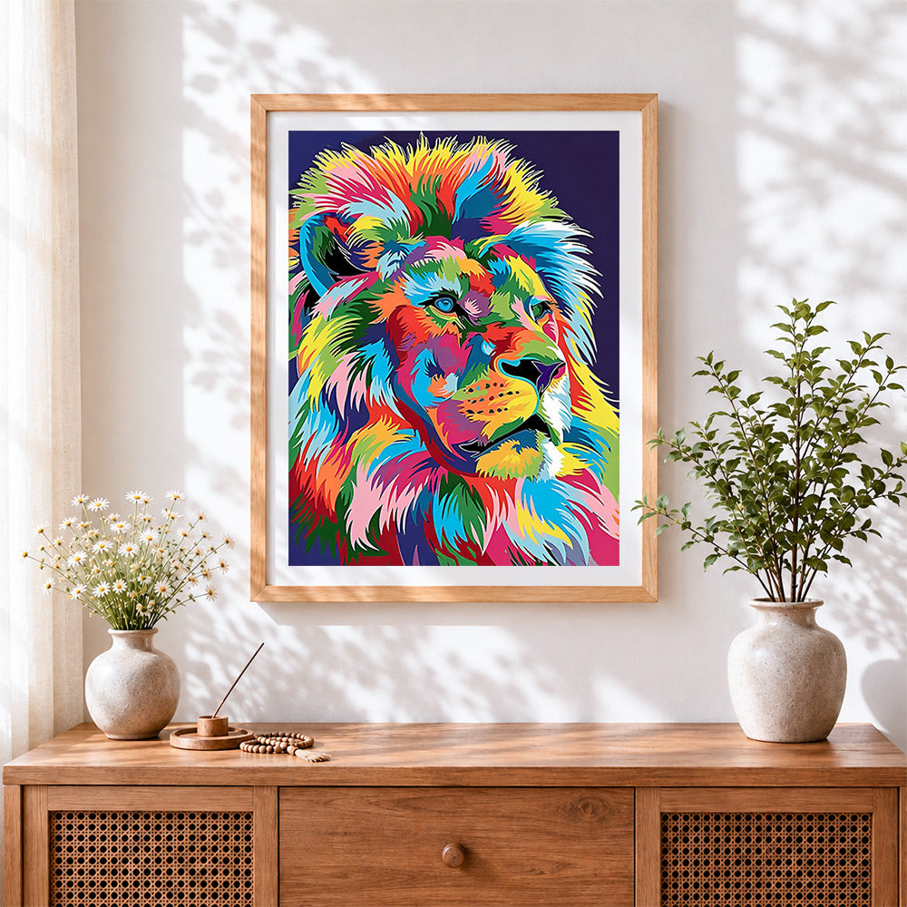 Finished pop art colourful lion cross stitch artwork displayed