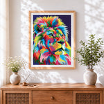 Finished pop art colourful lion cross stitch artwork displayed