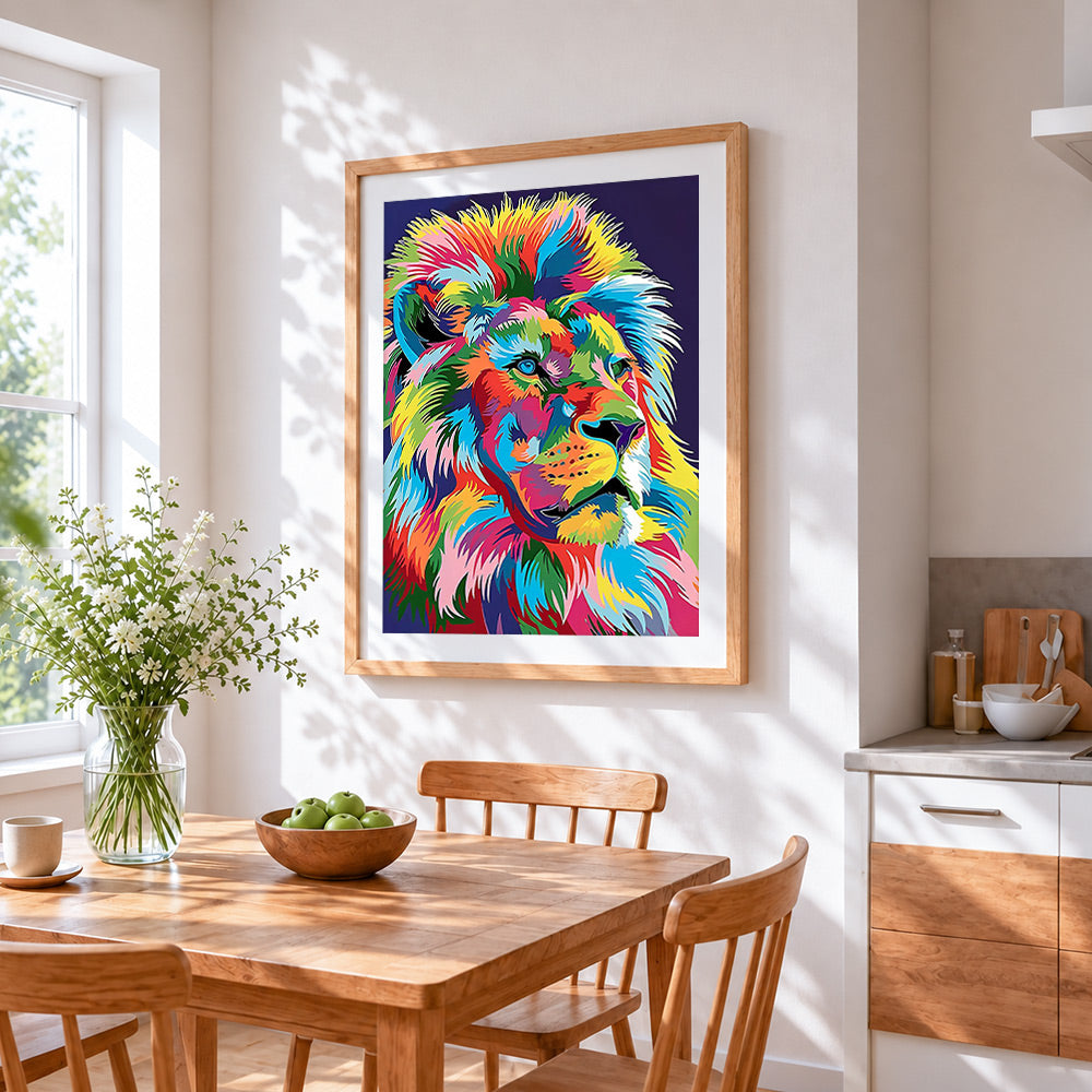 Pop art colourful lion cross stitch artwork displayed on wall as home decor