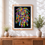 Finished pop art colourful lion in the dark cross stitch artwork displayed
