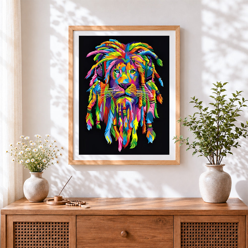 Finished pop art colourful lion in the dark cross stitch artwork displayed