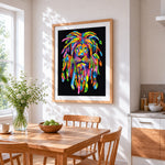 Pop art colourful lion in the dark cross stitch artwork displayed on wall as home decor