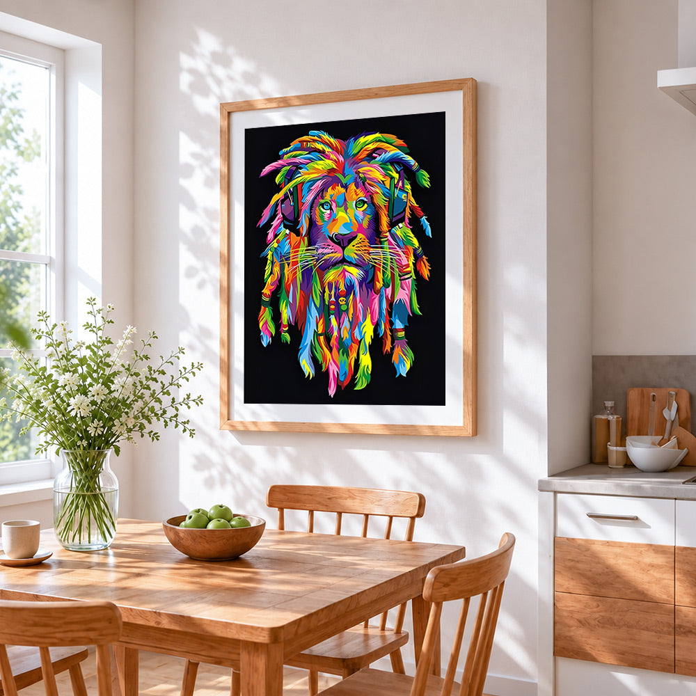 Pop art colourful lion in the dark cross stitch artwork displayed on wall as home decor