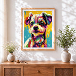 Finished pop art colourful terrier cross stitch artwork displayed