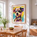 Pop art colourful terrier cross stitch artwork displayed on wall as home decor
