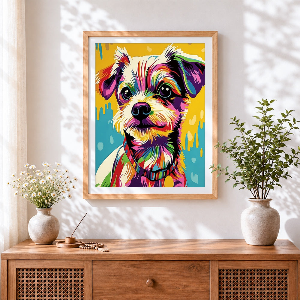 Finished pop art colourful terrier paint by numbers artwork displayed as home decor
