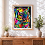 Finished pop art colourful tiger cross stitch artwork displayed