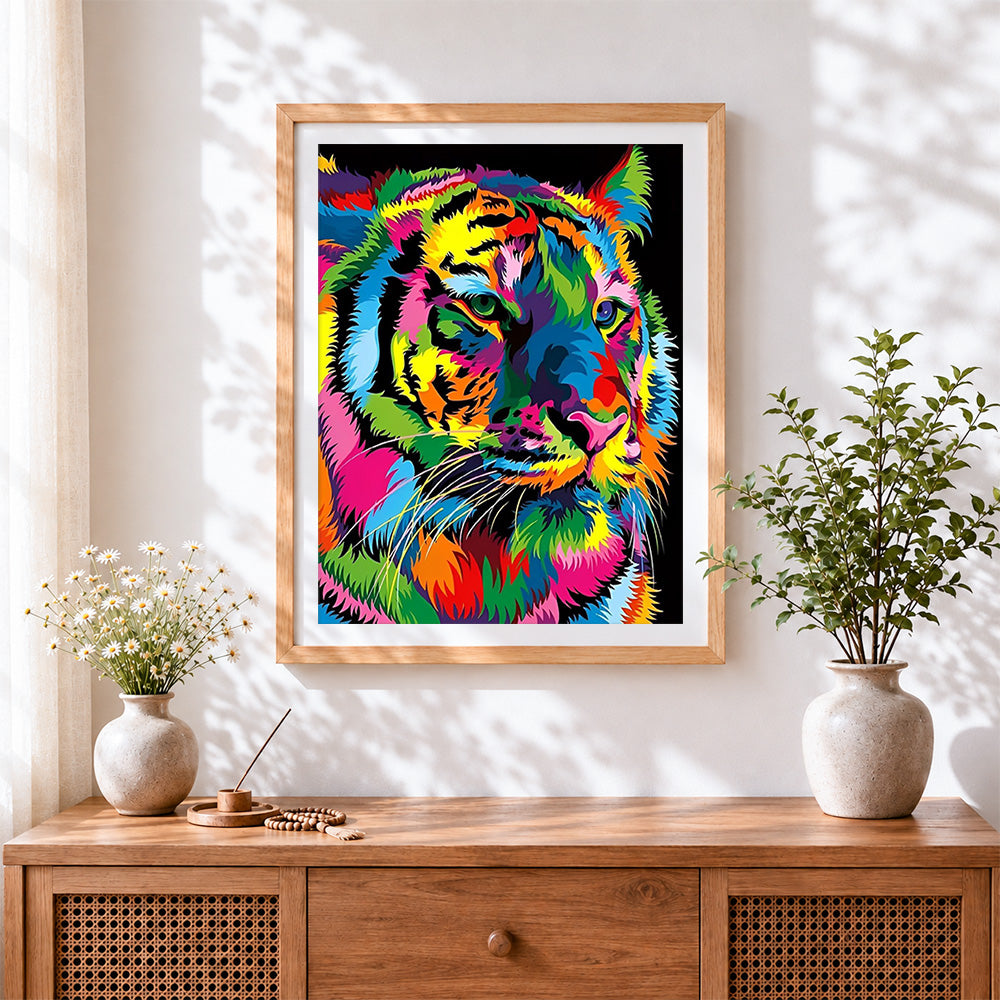 Finished pop art colourful tiger cross stitch artwork displayed