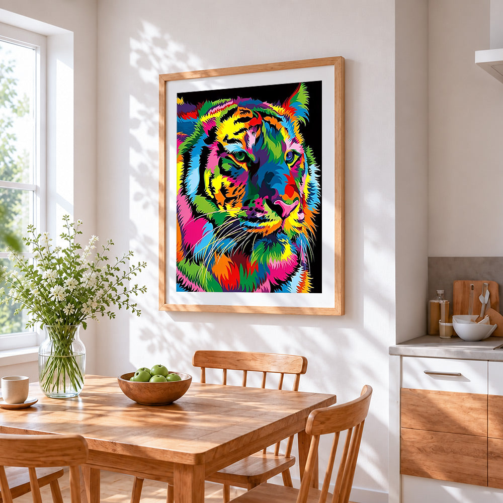 Pop art colourful tiger cross stitch artwork displayed on wall as home decor