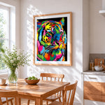 Pop art colourful tiger cross stitch artwork displayed on wall as home decor