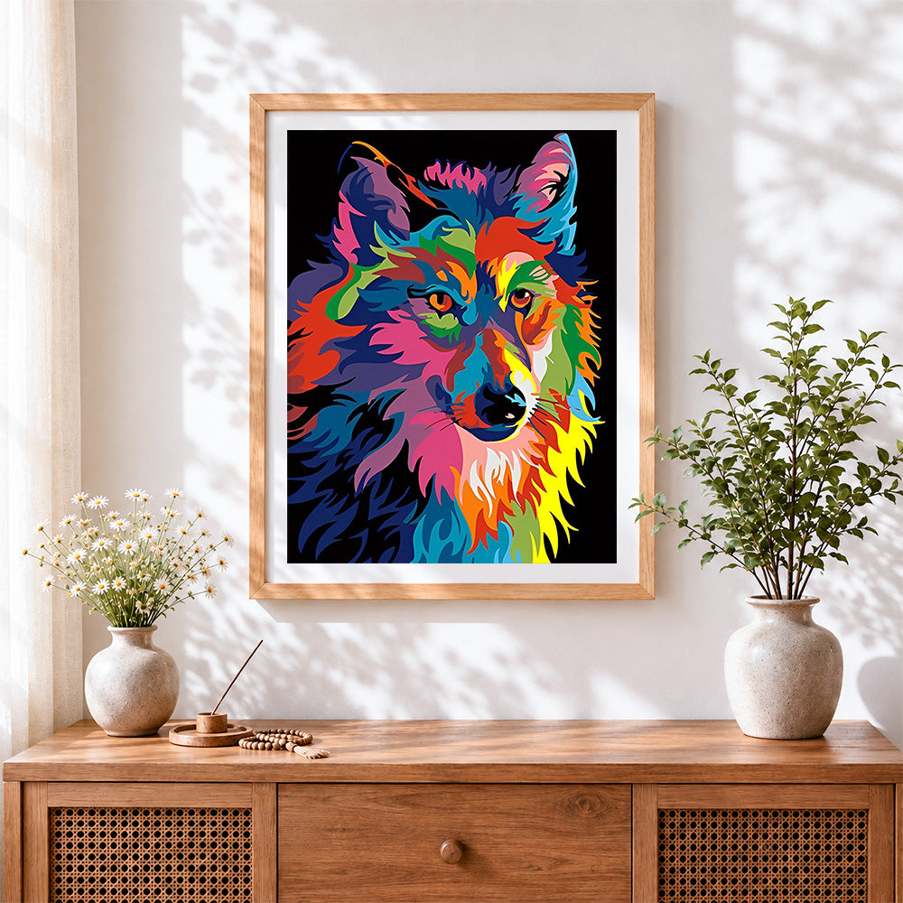 Finished pop art colourful wolf cross stitch artwork displayed