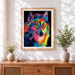 Finished pop art colourful wolf cross stitch artwork displayed