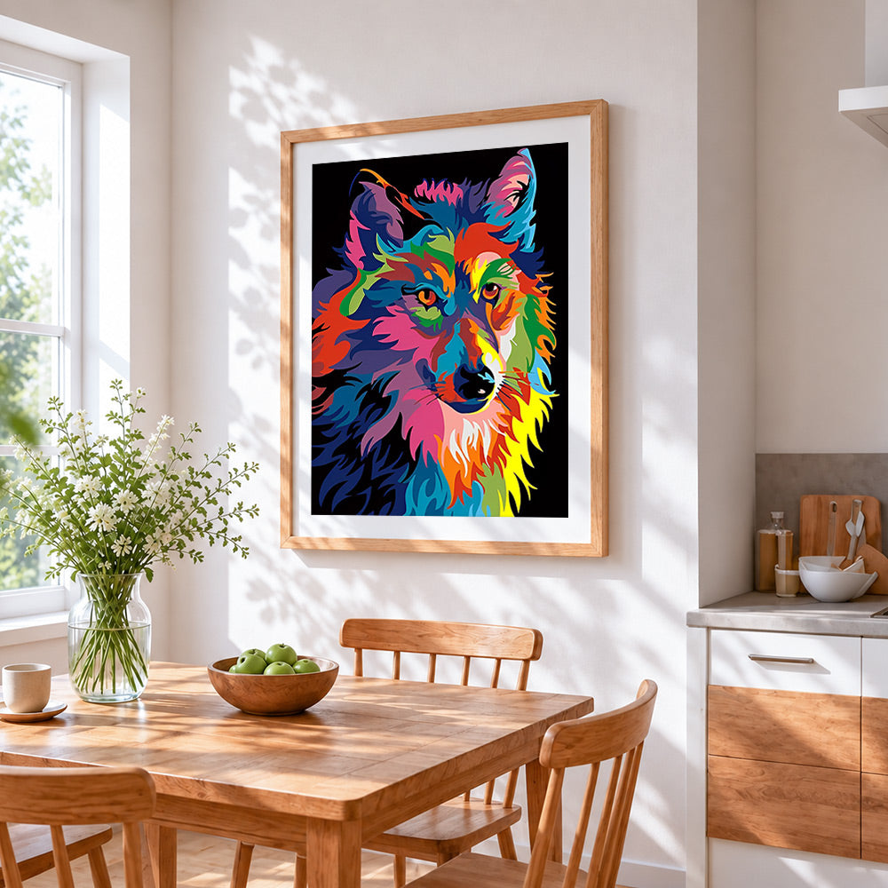 Pop art colourful wolf cross stitch artwork displayed on wall as home decor