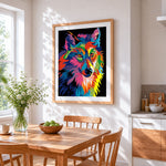 Pop art colourful wolf cross stitch artwork displayed on wall as home decor