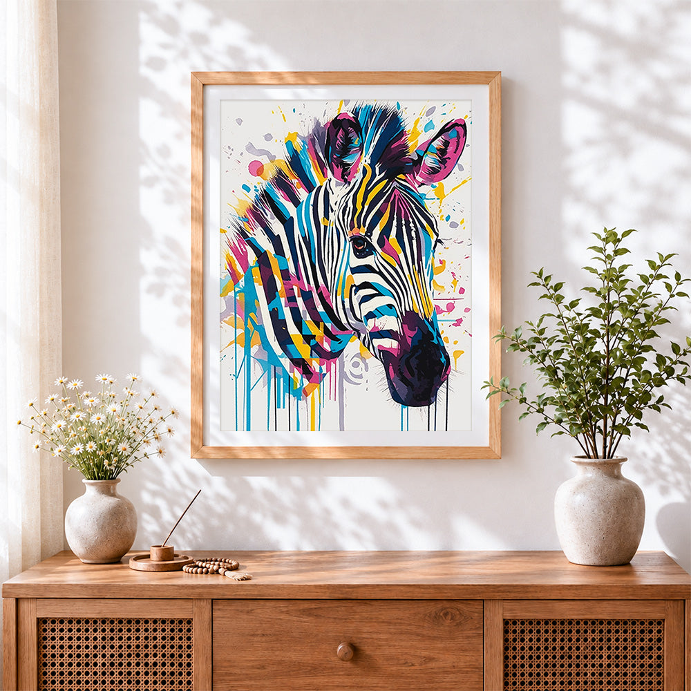 Finished pop art colourful zebra head cross stitch artwork displayed