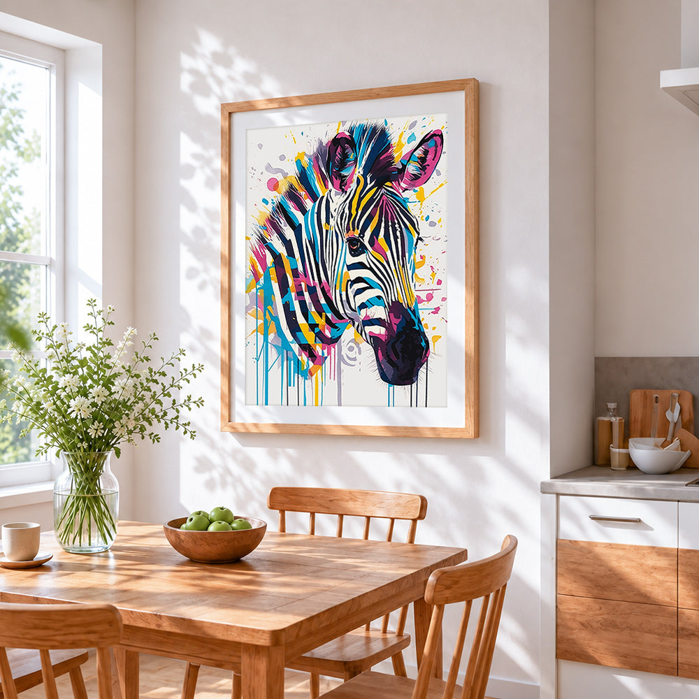 Pop art colourful zebra head cross stitch artwork displayed on wall as home decor