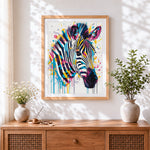 Finished pop art colourful zebra head paint by numbers artwork displayed as home decor