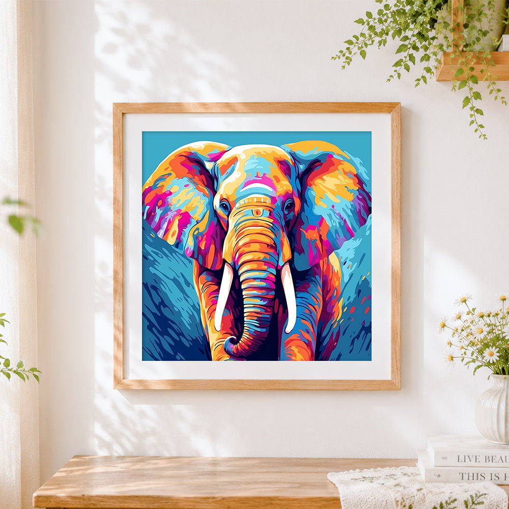 Finished pop art elephant cross stitch artwork displayed