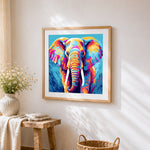 Pop art elephant cross stitch artwork displayed on wall as home decor