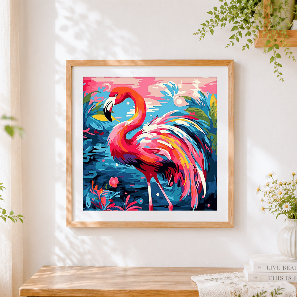 Finished pop art flamingo cross stitch artwork displayed