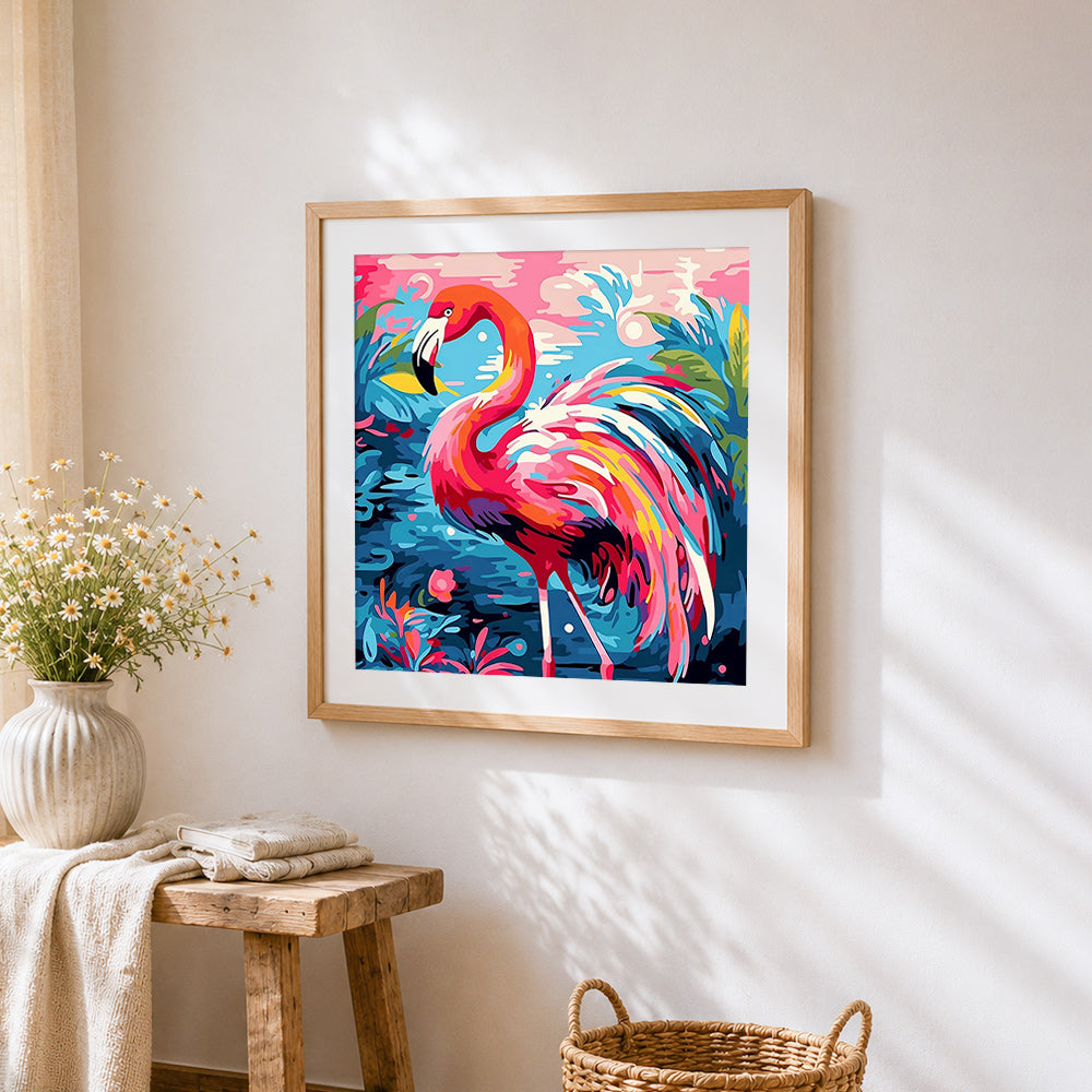 Pop art flamingo cross stitch artwork displayed on wall as home decor