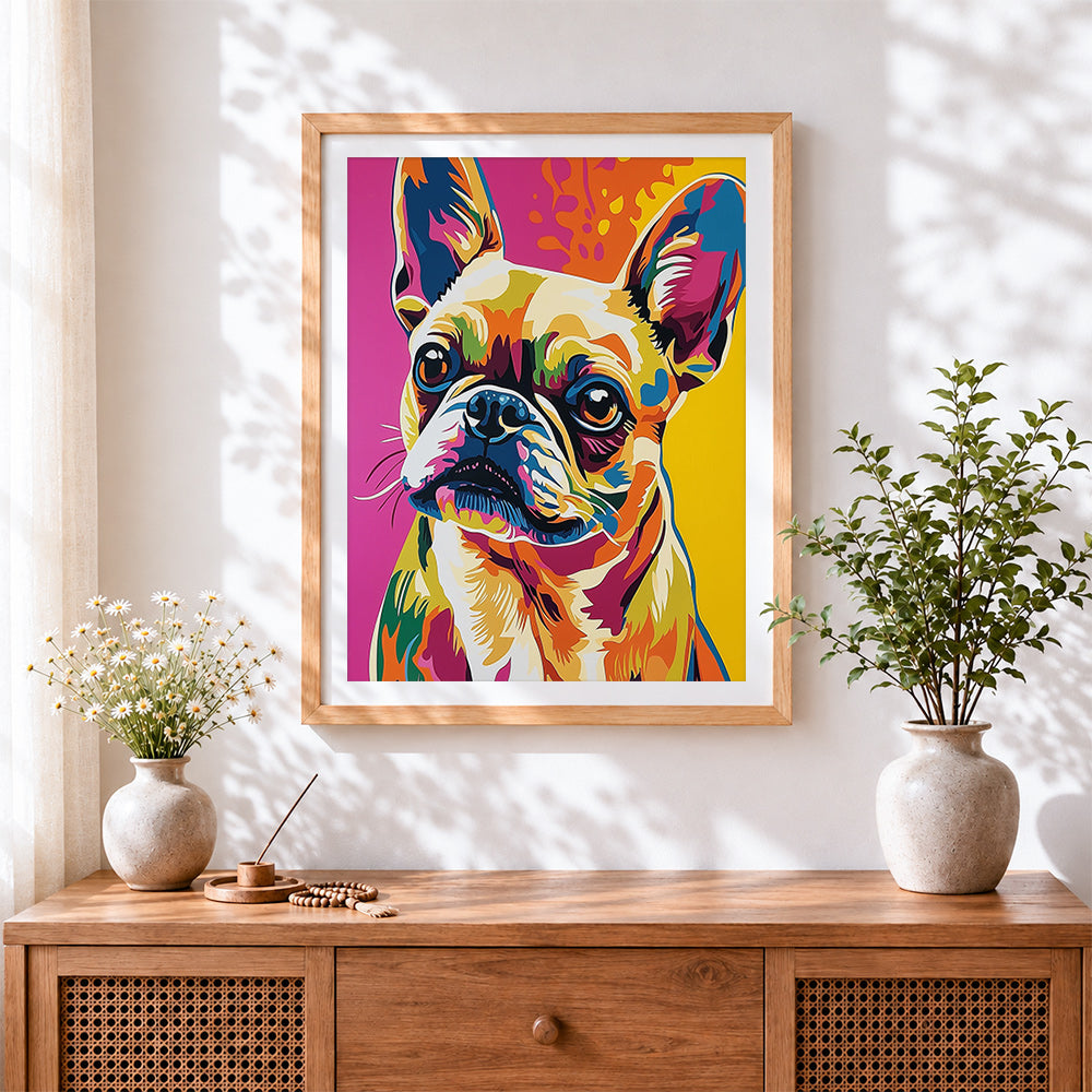 Finished pop art french bulldog paint by numbers artwork displayed as home decor