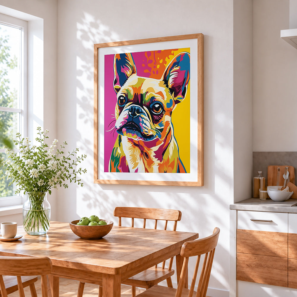 Pop art french bulldog paint by numbers artwork displayed on wall as home decor
