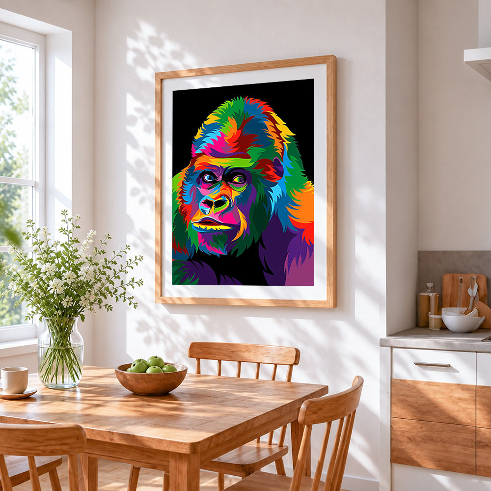 Pop art gorilla in the dark cross stitch artwork displayed on wall as home decor