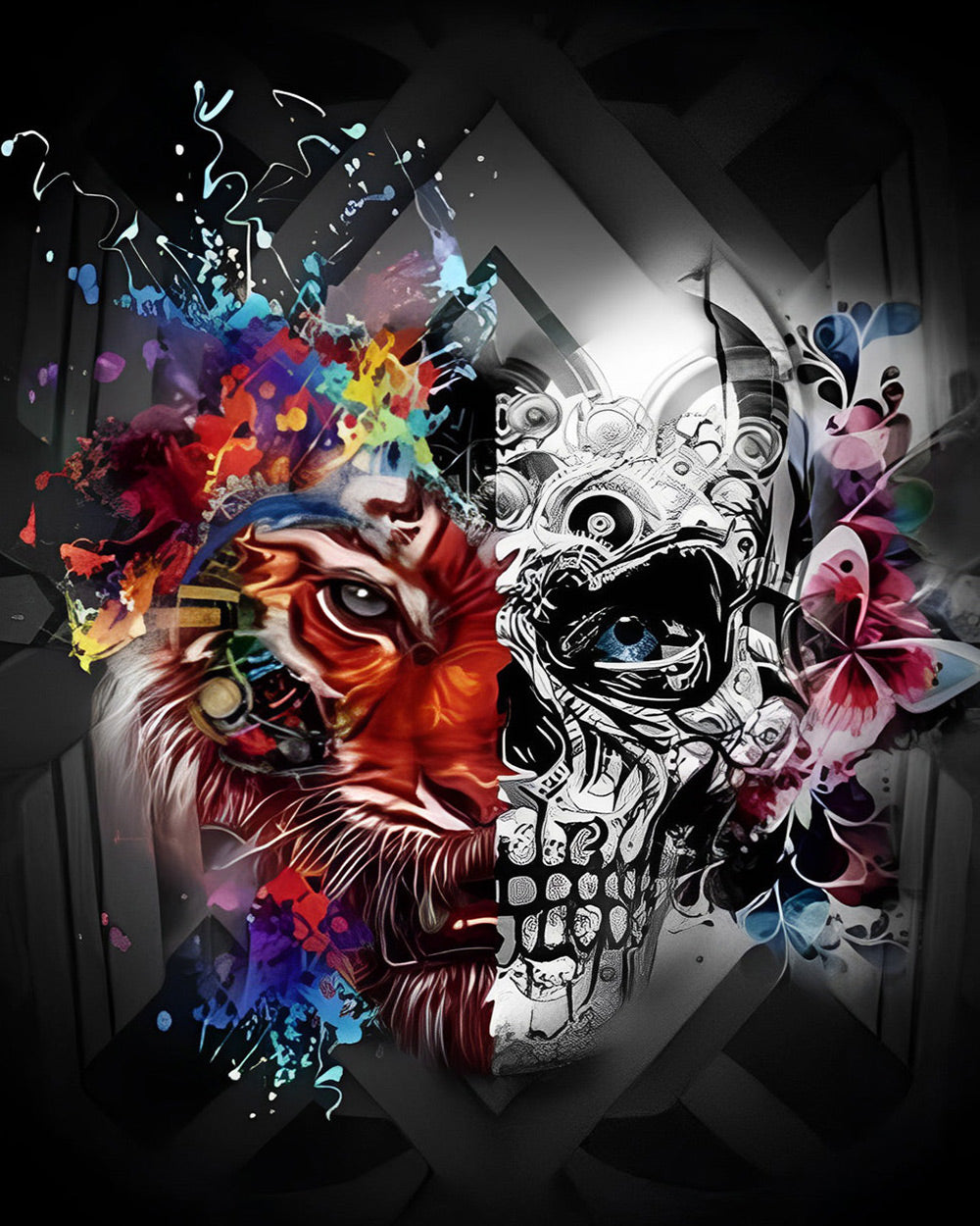 Pop art lion and skull split face cross stitch kit for beginners