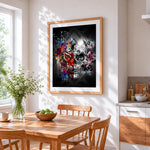 Pop art lion and skull split face cross stitch artwork displayed on wall as home decor