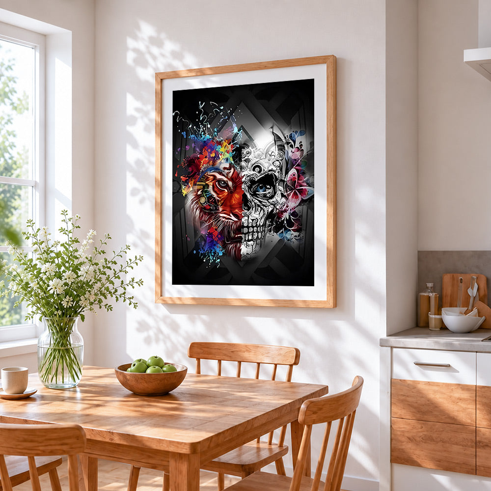 Pop art lion and skull split face cross stitch artwork displayed on wall as home decor