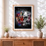 Finished pop art lion and skull split face paint by numbers artwork displayed as home decor