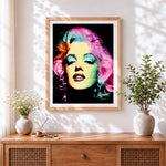 Finished pop art marilyn monroe portrait cross stitch artwork displayed