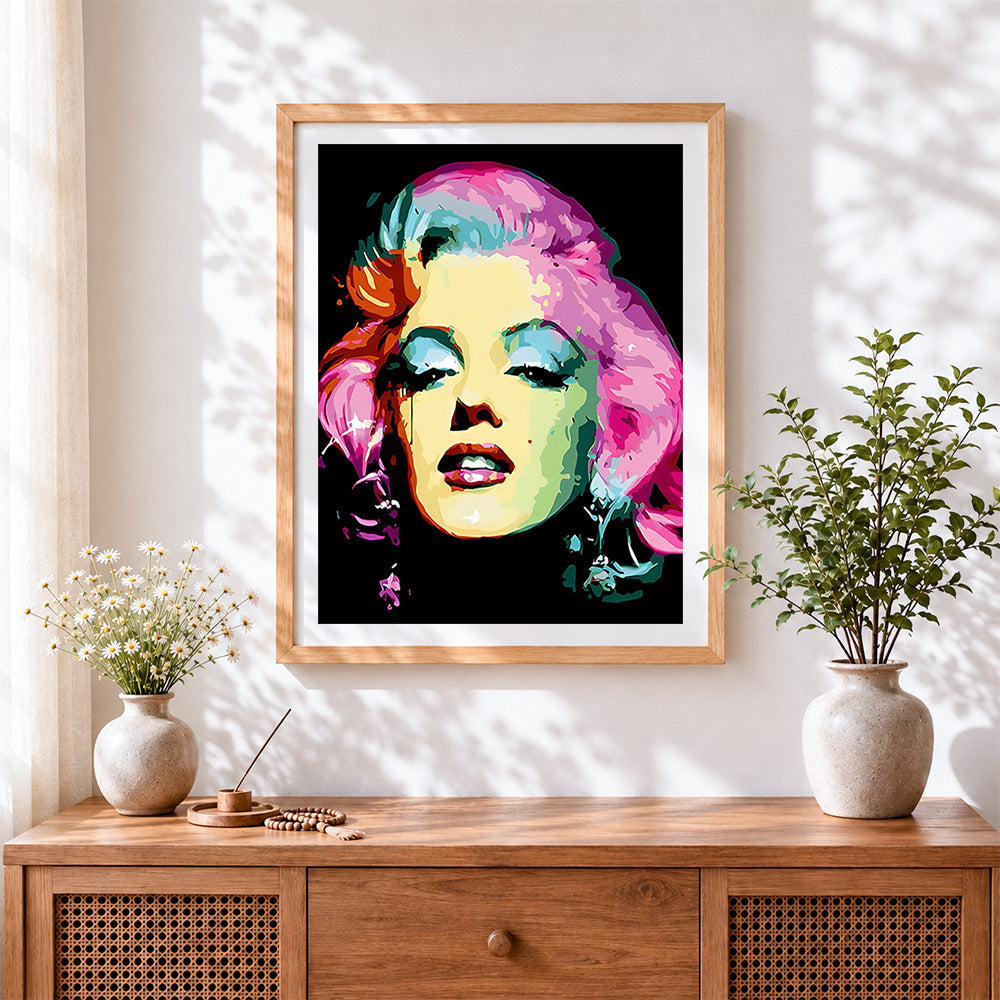 Finished pop art marilyn monroe portrait cross stitch artwork displayed