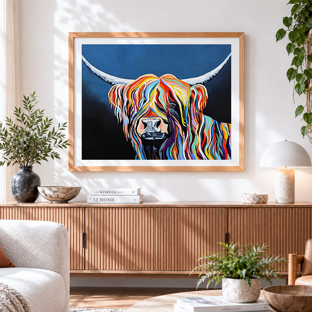 Finished pop art rainbow highland cow cross stitch artwork displayed