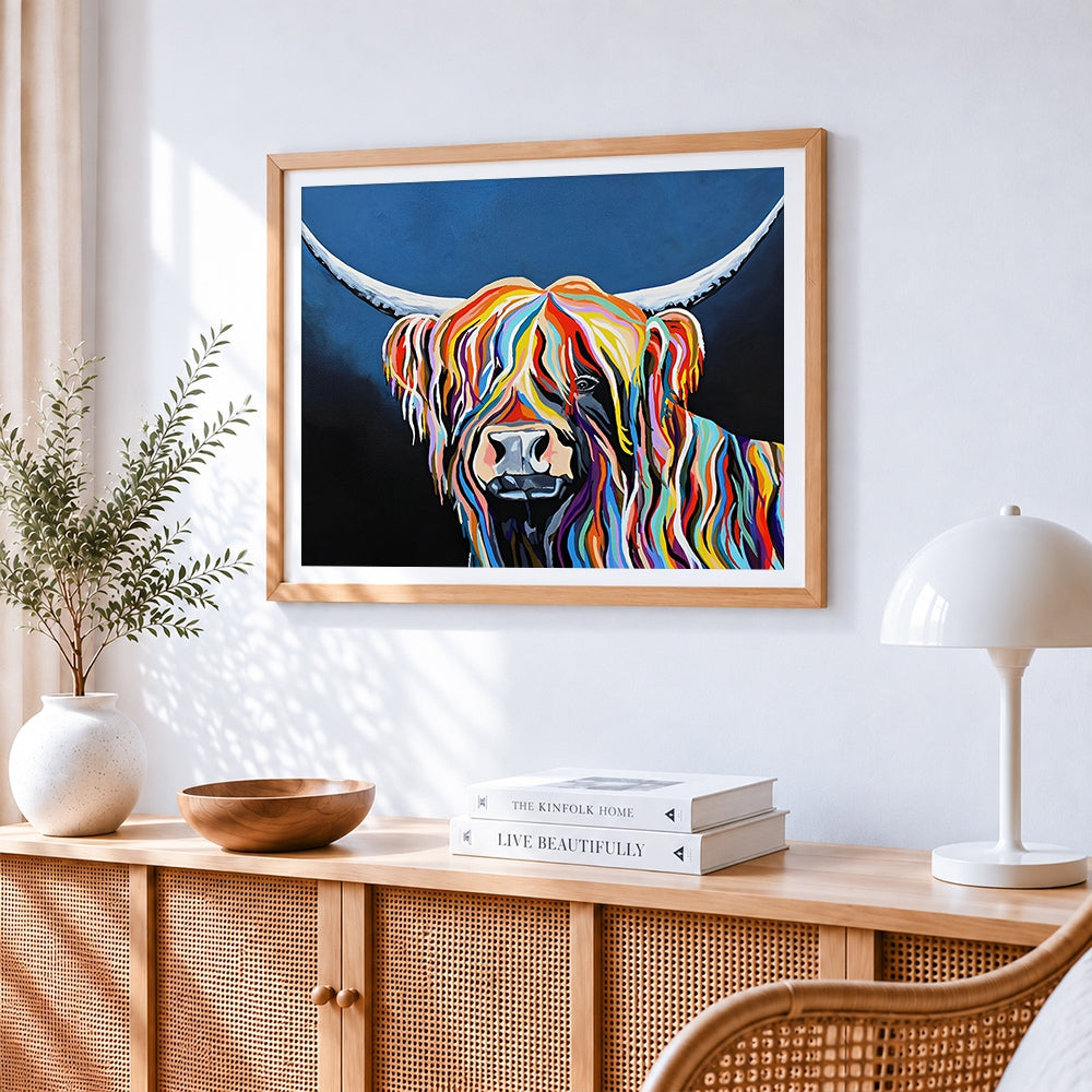 Pop art rainbow highland cow cross stitch artwork displayed on wall as home decor