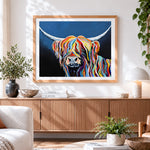 Finished pop art rainbow highland cow paint by numbers artwork displayed as home decor