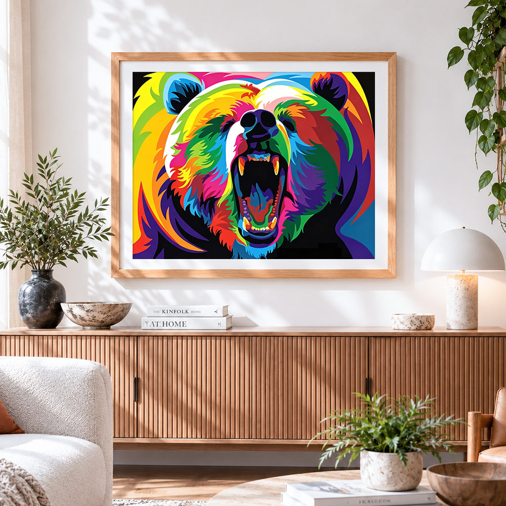 Finished pop art roaring bear cross stitch artwork displayed