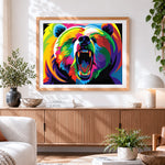 Finished pop art roaring bear cross stitch artwork displayed