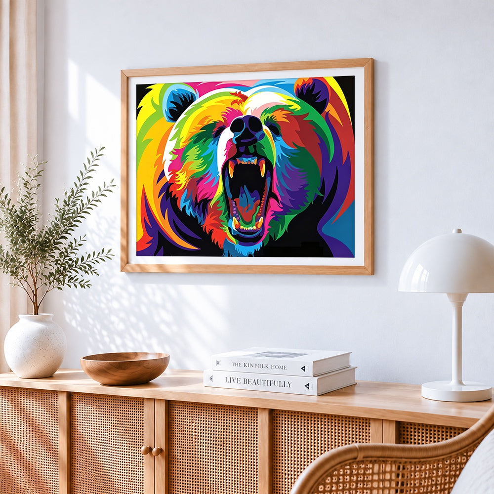 Pop art roaring bear cross stitch artwork displayed on wall as home decor