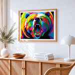 Pop art roaring bear cross stitch artwork displayed on wall as home decor