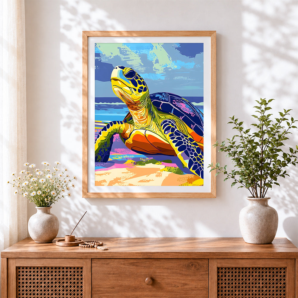 Finished pop art sea turtle cross stitch artwork displayed