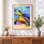 Finished pop art sea turtle cross stitch artwork displayed
