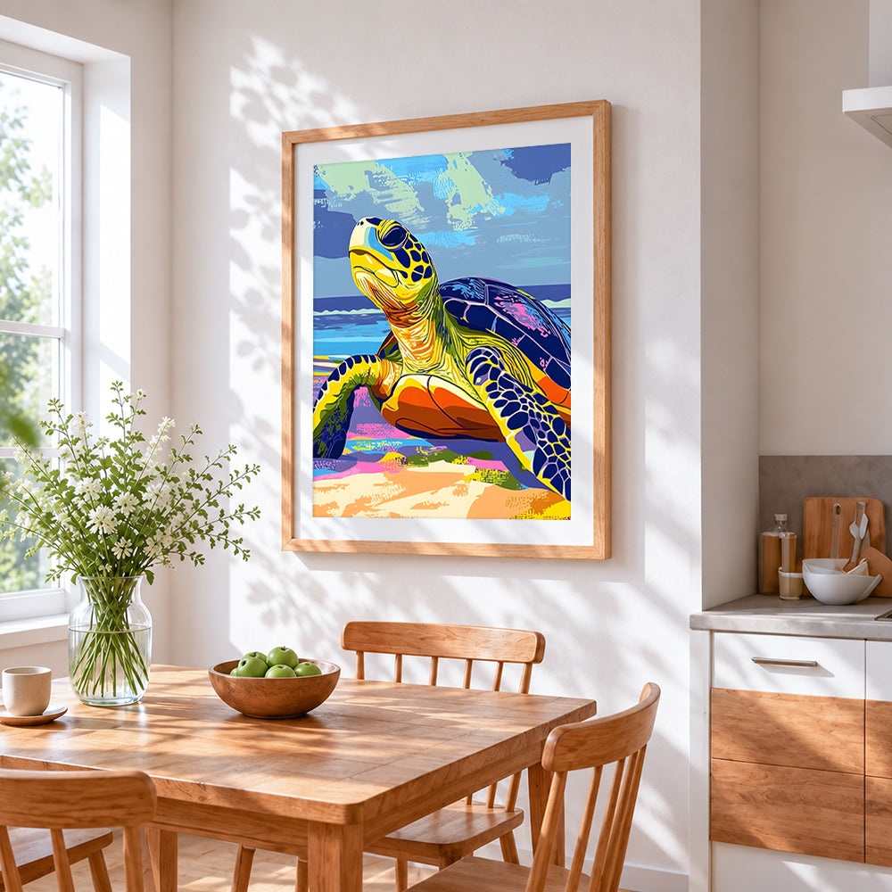 Pop art sea turtle paint by numbers artwork displayed on wall as home decor