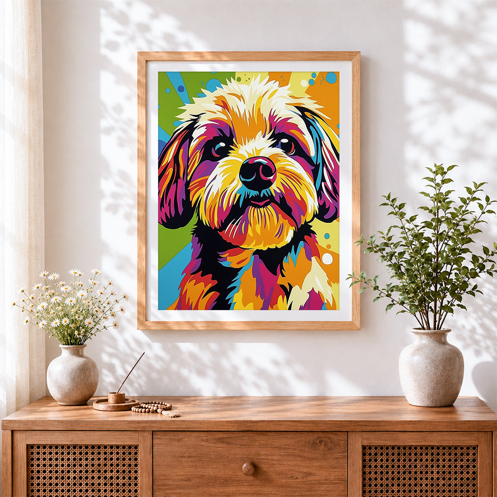 Finished pop art shih tzu paint by numbers artwork displayed as home decor