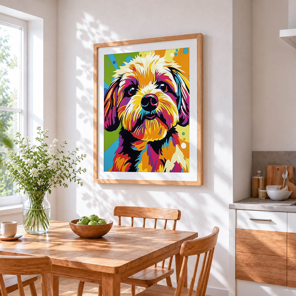 Pop art shih tzu paint by numbers artwork displayed on wall as home decor