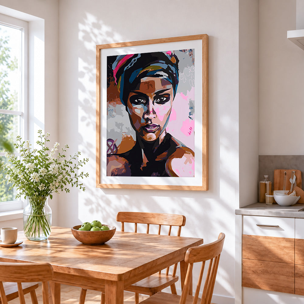 Pop art style african woman cross stitch artwork displayed on wall as home decor