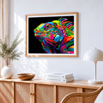 Pop art style chameleon head cross stitch artwork displayed on wall as home decor