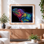 Finished pop art style iguana head cross stitch artwork displayed