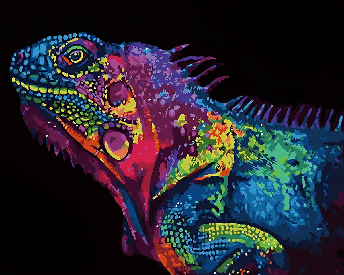 Pop art style iguana head cross stitch kit for beginners